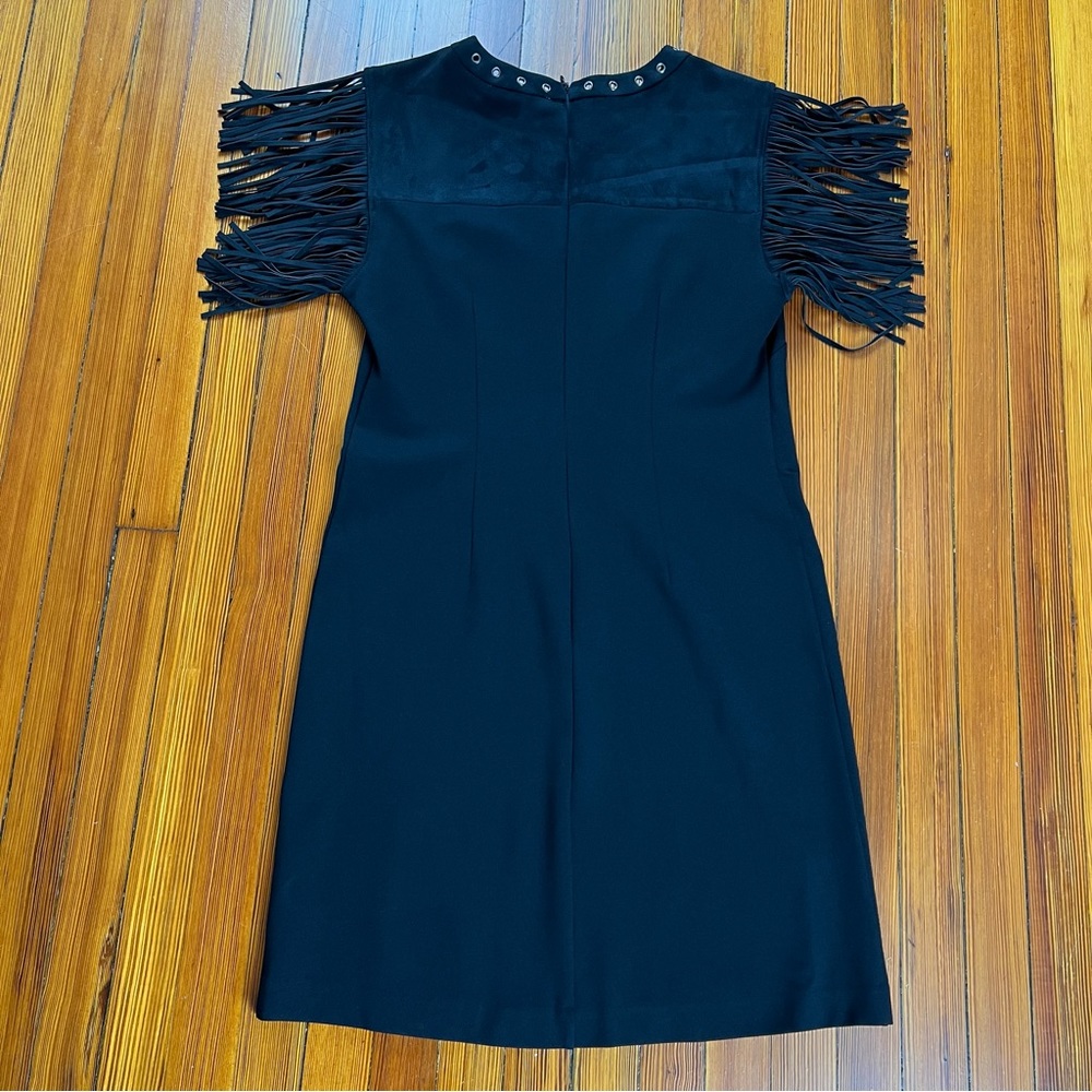 Ipekyol Black Fringe Shoulder Grommet Neck Shift Dress Chic Western Boho Style - Picture 3 of 13